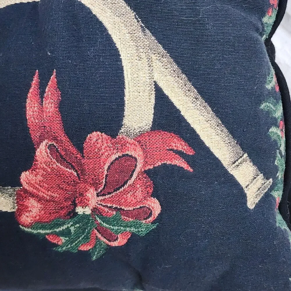 VTG Christmas French Horn Tapestry Throw Pillow Woven Holly Berry Red Bow Accent